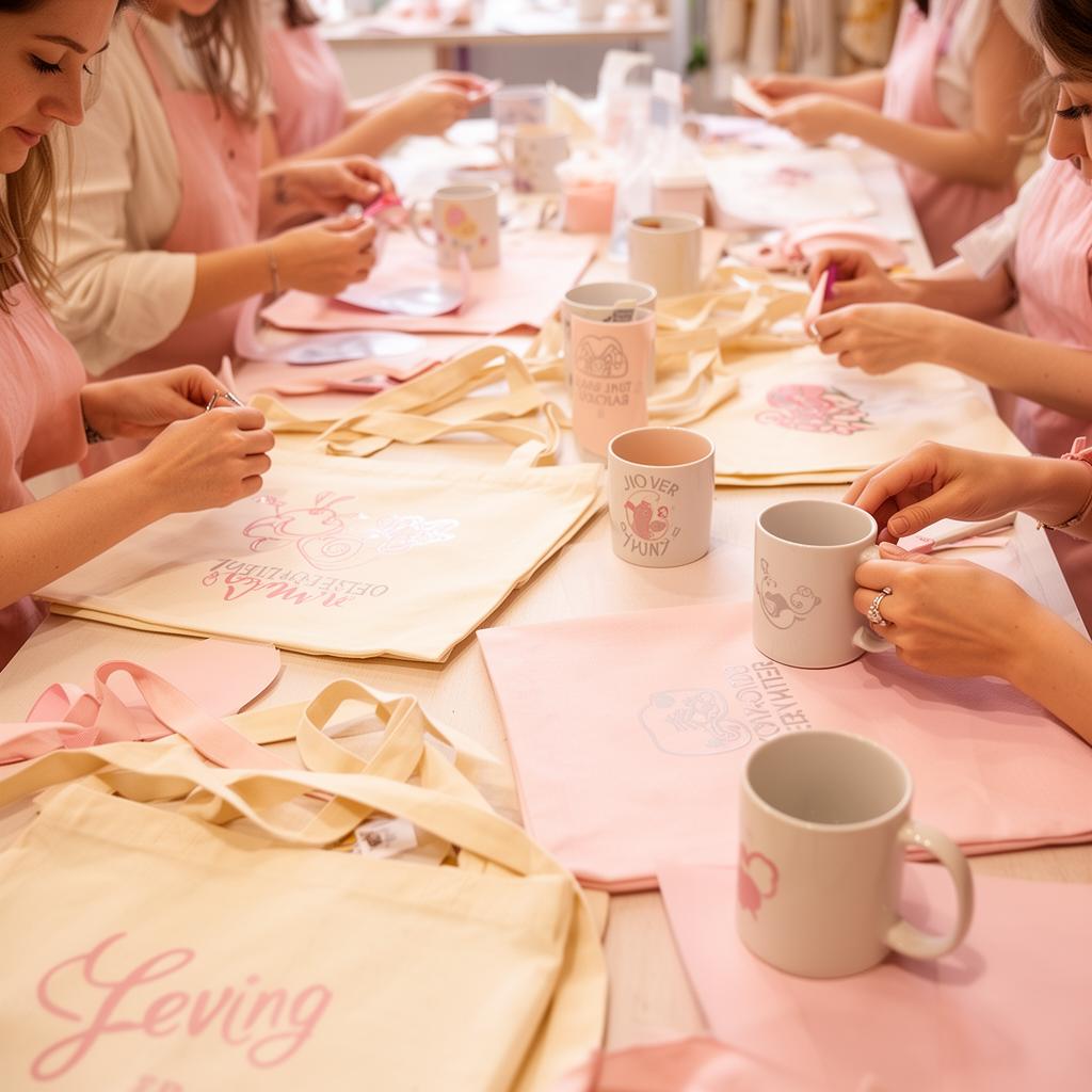 Workshop-Tisch mit Taschen und Tassen